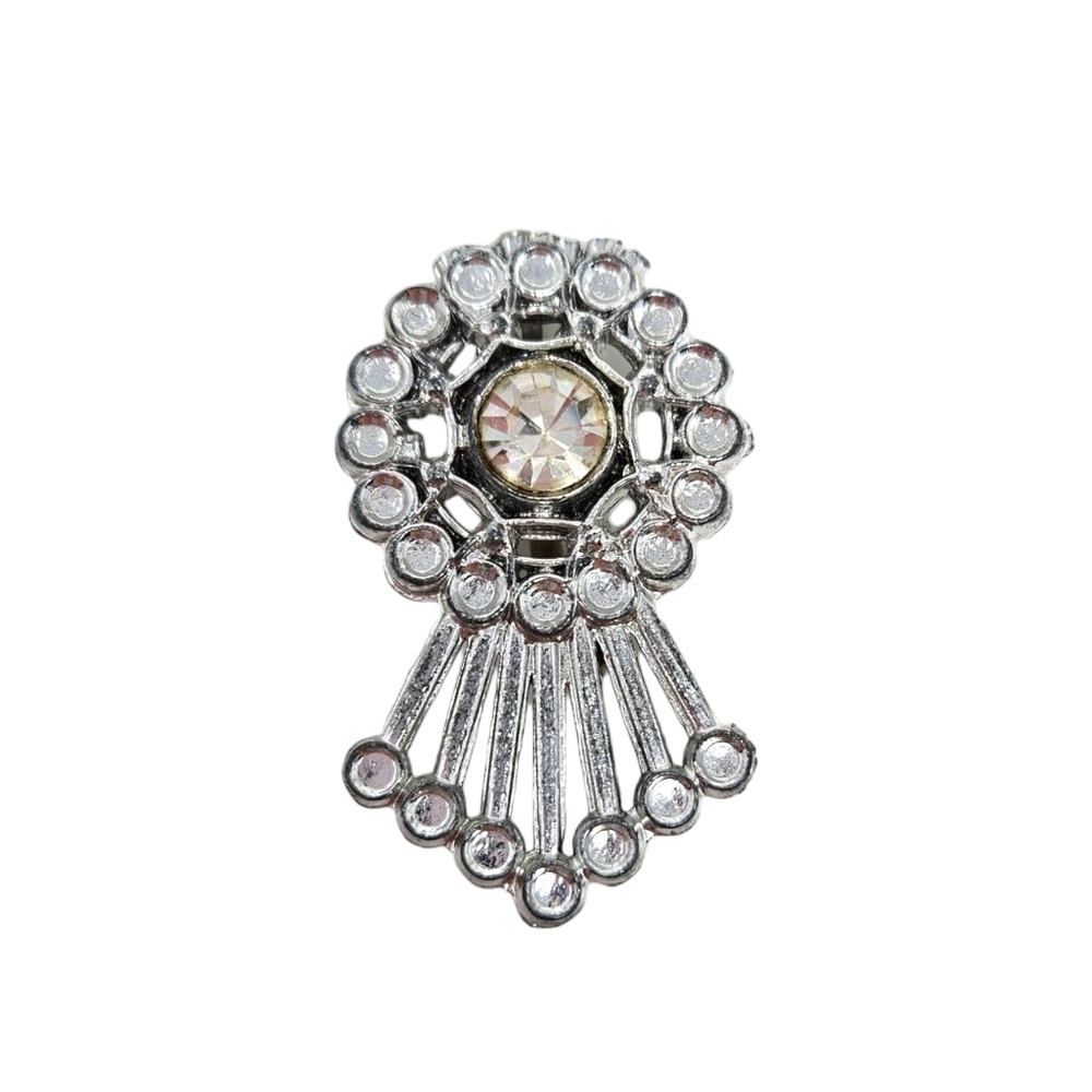 Art Deco Style Silver Tone Brooch Faceted Rhinestone Center